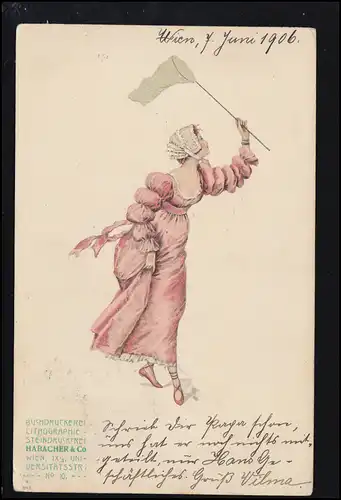 AK artiste femme avec filet papillon, imprimerie de pierre Habacher & Co. WIENNE 1906