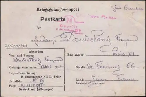 Poste de prisonniers de guerre Stalag XII D Klüssrath 12.12.1942 vers Paris / France