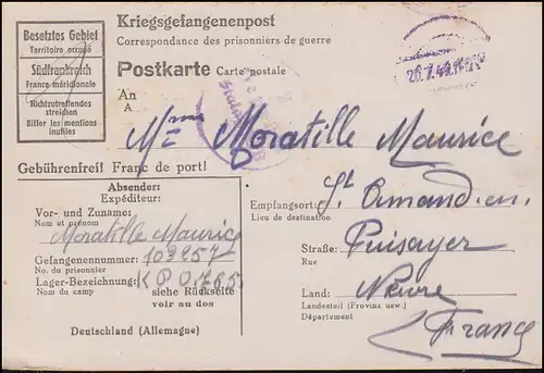 Poste de prisonniers de guerre Stalag XI B, timbre-cadran 20.7.1944, vers la France