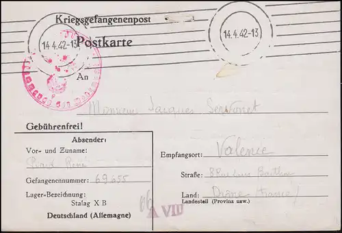 Poste de prisonniers de guerre Stalag X B / A VIII Tampon de camouflage 14.4.42 à Valence/Frank.