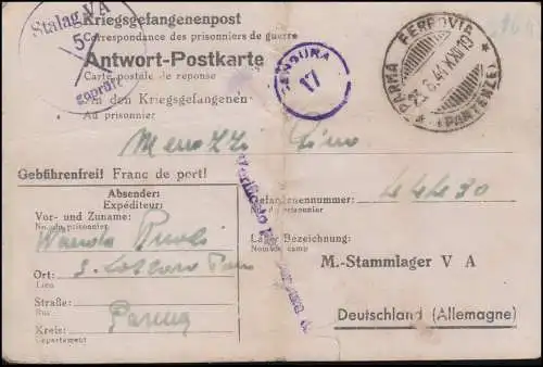 Kriegsgefangenenpost Antwort-Postkarte an Stalag VA, Censor 17, PARMA 23.8.1944 