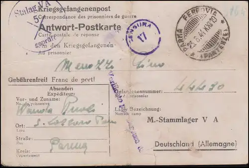 Poste de prisonniers de guerre Carte postale de réponse à Stalag VA, Censor 17, PARMA 23.8.1944