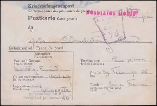 Kriegsgefangenenpost M. Stammlager XII D Klüsserath 1943 nach Frankreich