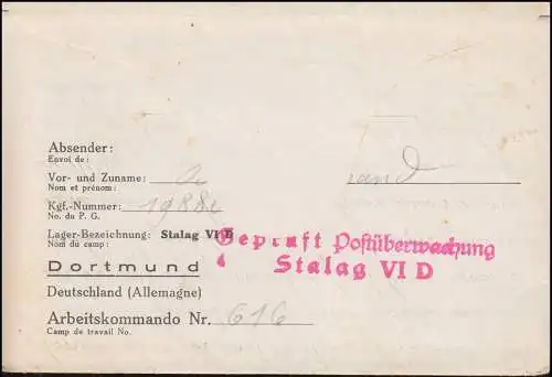 Kriegsgefangenenpost Postüberwachung Stalag VI D Dortmund Tarnstempel 11.10.1941