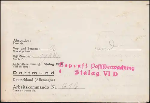 Poste de détention de guerre Poste surveillance Stalag VI D Dortmund Tarnschampt 11.10.1941
