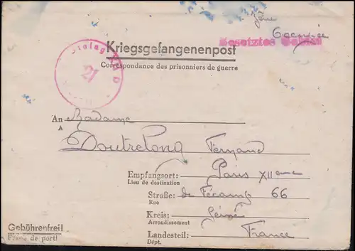 Poste de prisonniers de guerre Stalag XII D Klüssrath 1942 vers Paris / France