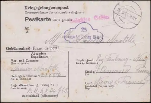 Poste de prisonniers de guerre Stalag XI B, timbre-cadran 27.10.1941, vers la France