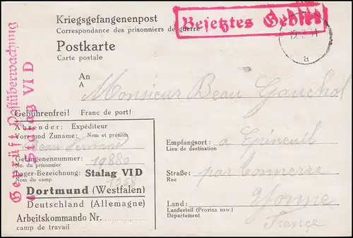 Poste de prisonniers de guerre Stalag VI D Dortmund Tarnstamp 12.3.1941 en France