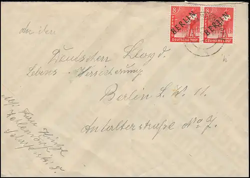 3 Schwarzaufdruck 8 Pf im Paar als MeF auf Orts-Brief BERLIN-ZEHLENDORF 1.12.48