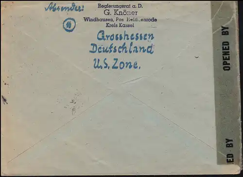 Landpost Gut Windhausen über KASSEL 7 - 29.7.1946 auf Brief mit US-Zensur 20250