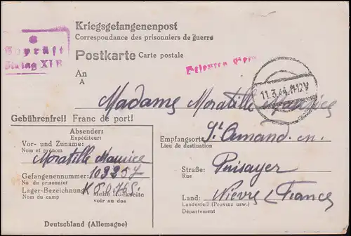 Kriegsgefangenenpost Stalag XI B, Tarnstempel 11.3.1944, nach Frankreich