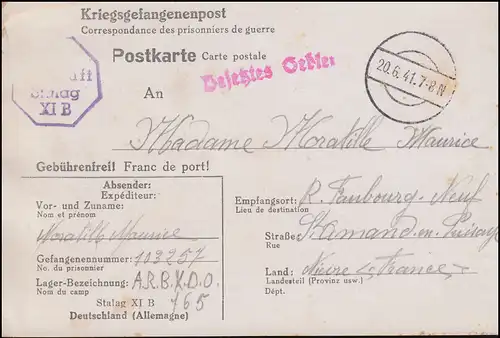 Kriegsgefangenenpost Stalag XI B, Tarnstempel 20.6.1941, nach Frankreich
