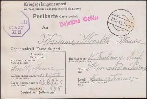 Poste de prisonniers de guerre Stalag XI B, timbre-cadran 20.6.1941 vers la France