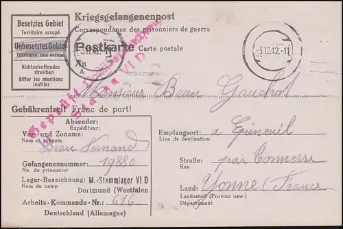 Poste de prisonniers de guerre Stalag VI D Dortmund Tarnschampt 3.12.1942 en France