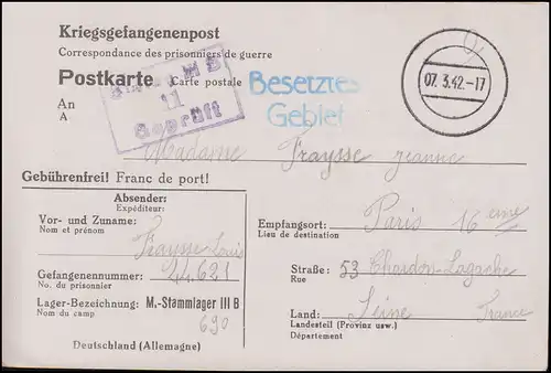 Poste de prisonniers de guerre Stalag III B, timbre-cadran 7.3.1942 à Paris / France