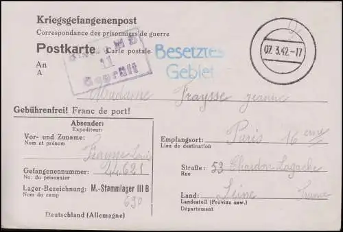 Poste de prisonniers de guerre Stalag III B, timbre-cadran 7.3.1942 à Paris / France