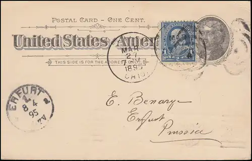 USA Postkarte Jefferson mit Zusatzfr. aus SALEM 27.3.1895 nach ERFURT 8.4.95