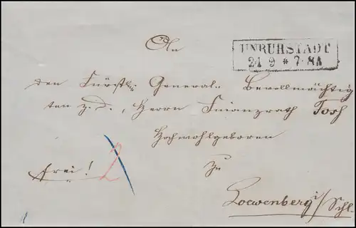 Prusse Lettre de pli Tampon de caste UNRUHSTADT 21.9.1858 vers LÖWENBERG / SCHLESIE