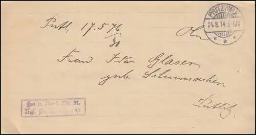 Libre selon Avers No. 21 Lettre du tribunal d'arrondissement PRITZWALK 24.8.1914 à Pou Visit