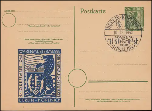 Carte postale P 1 Berliner Bär SSt BERLIN-KÖPENICK Salon des modèles de produits 10.12.1945