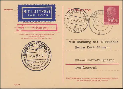 DDR Postkarte P 54 BERLIN 29.3.55 mit Luftpost über HAMBURG 1.4. nach DÜSSELDORF
