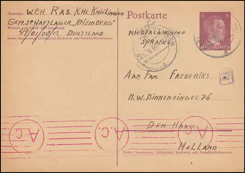 Zensur Einkreisstempel A.c. auf P 299 KARLSRUHE-KNIELINGEN 1.6.1944 nach Holland