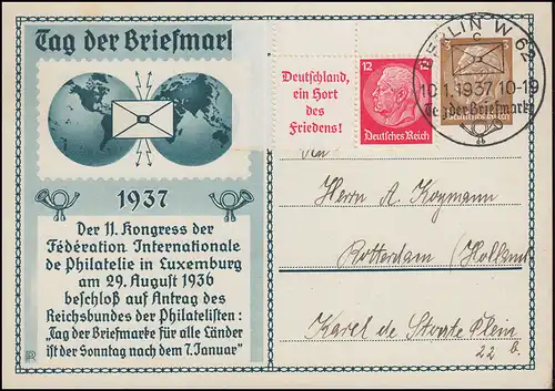 PP 122 Tag der Briefmarke mit Hindenburg-ZD W 67 Eckrandstück SSt BERLIN 10.1.37