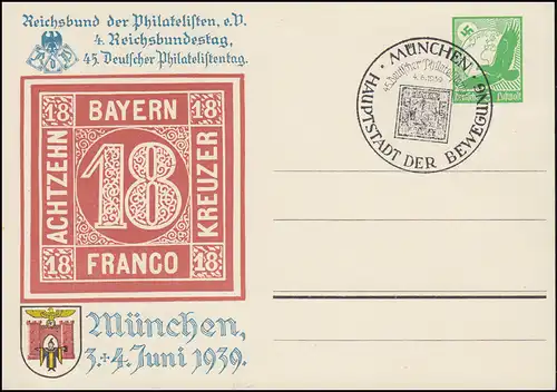 PP 142 Philatelistentag Bayernmarke 1939, passender SSt MÜNCHEN 4.6.1939