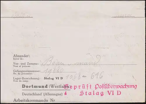 Poste de détention de guerre Poste du contrôle des postes Stalag VI D Dortmund, vers 1942