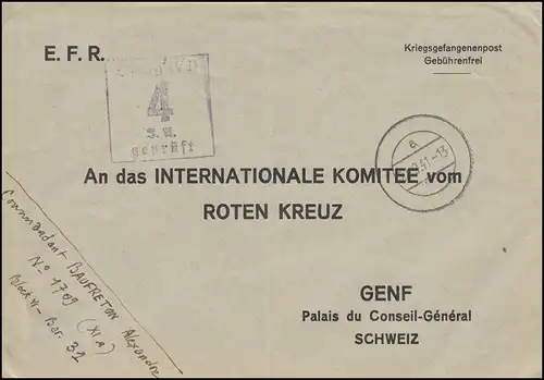 Poste de prisonniers de guerre Stalag IV D, timbre-cadran 22.9.41, à la Croix-Rouge à Genève