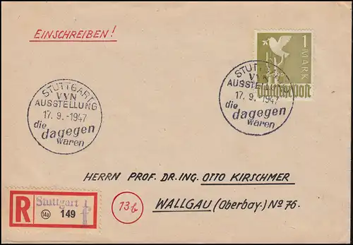 937 Ziffer 1 RM auf R-Brief Not R-Zettel SSt STUTTGART VVN-Ausstellung 17.9.1947