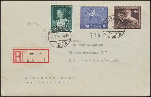 698 Derby + 699 Das Braune Band + 700 Kunst auf R-Brief BERLIN W 50 - 18.7.1939