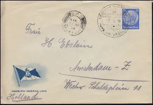 DEUTSCHE SCHIFFSPOST HAPAG HAMBURG-WESTINDIEN 22.4.1938 nach Amsterdam