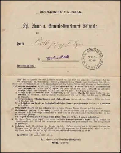 Frei durch Ablösung Steuer- und Gemeinde Einnehmerei Waldmohr 27.7.1915