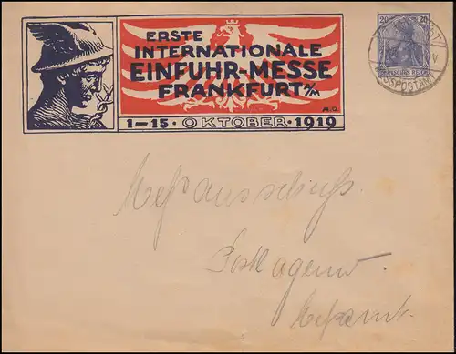 Enveloppe privée PU 28 foire des importations FRANKFURT / MAIN MESSEPOSTAMOT 1919