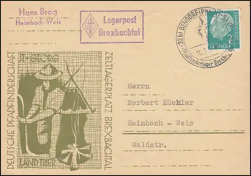 Pfadfinderschaft St. Georg Zeltlagerplatz Brexbachtal Postkarte SSt BENDORF 1956