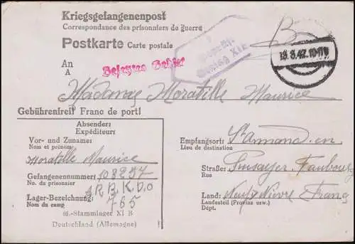 Kriegsgefangenenpost Stalag XI B, Tarnstempel 18.8.1942, nach Frankreich