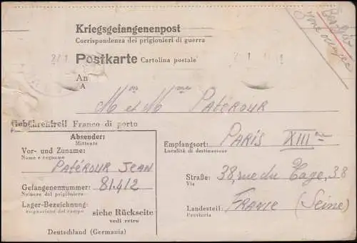 Kriegsgefangenenpost Stalag VII A nach Paris / Frankreich, geschrieben 22.1.1944