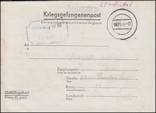 Poste de prisonniers de guerre Stalag III B, timbre camouflage 6.11.1941 vers Paris / France