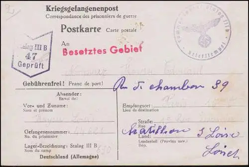 Kriegsgefangenenpost Stalag III B Postkarte nach PARIS 29.12.1940