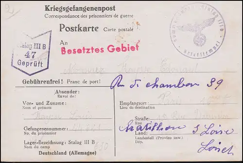Poste de prisonniers de guerre Stalag III B Carte postale après PARIS 29.12.1940