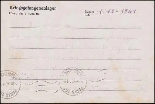 Kriegsgefangenenpost Stalag III B Postkarte nach PARIS 29.12.1940