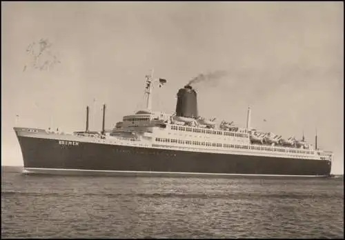 DEUTSCHE SCHIFFSPOST TS BREMEN Jungfernreise 26.7.1959 auf passender AK