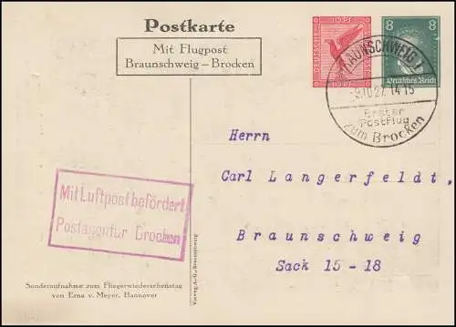 Erster Postflug Braunschweig zum Brocken PP 92 SSt BRAUNSCHEIG 9.10.1927