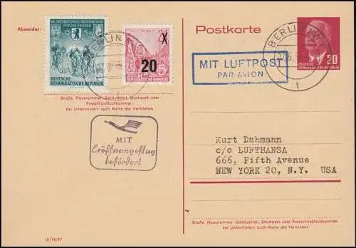 DDR Postkarte P 54 + Zusatz. BERLIN 7.6.55 Stempel Mit Eröffnungsflug befördert