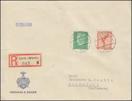 381 Aéroport + 411 Hindenburg MiF sur lettre R LORCH 27.8.32 à destination de BAIENFURT 20.8.