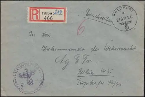 Feldpost-Einschreiben 219 - 21.8.42 an das Oberkommando der Wehrmacht in Berlin