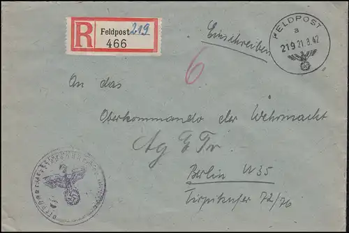 Lettre recommandé au poste de terrain 219 - 21.8.42 au Haut Commandement de la Wehrmacht à Berlin