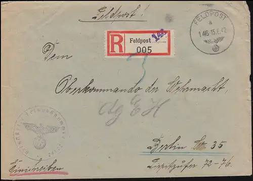 Feldpost-Einschreiben 146 - 15.6.42 mit FP-Nummer 22172 nach BERLIN 20.6.1942