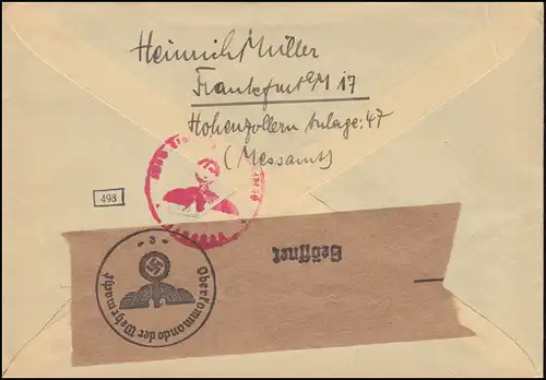 Lettre de censure avec 793 comme EF de FRANKFURT/MAIN 16.2.1942 à Zurich / Suisse